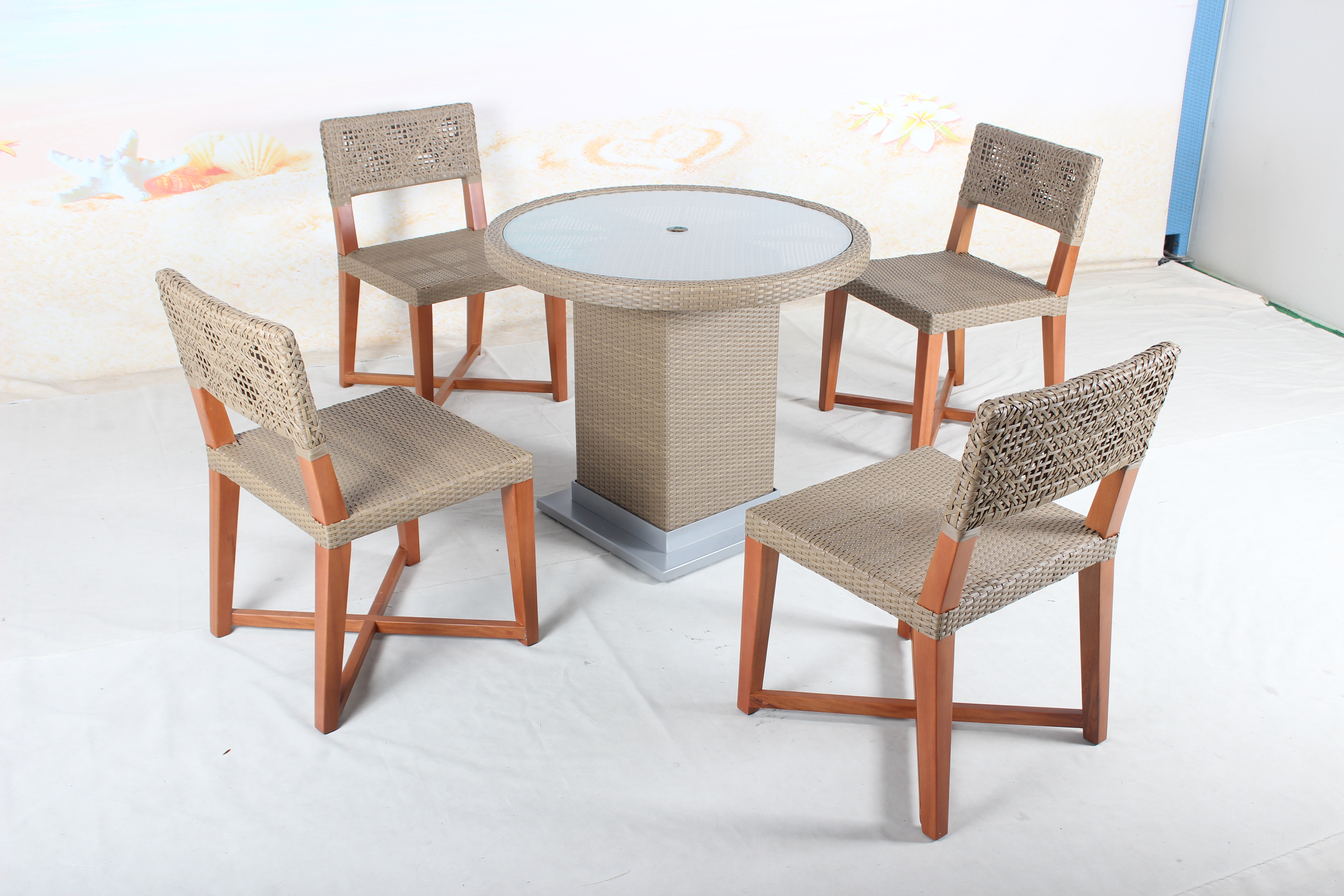 5 pieces outdoor teakwood rattan table and chair set